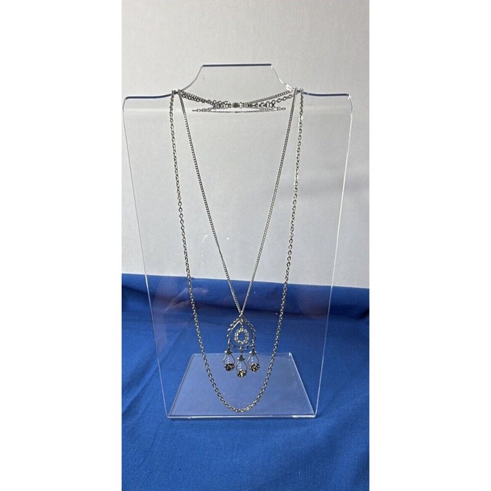 Silver Layered Double Chain Rhinestone Roses Victorian Romantic Necklace 17" - Picture 2 of 10